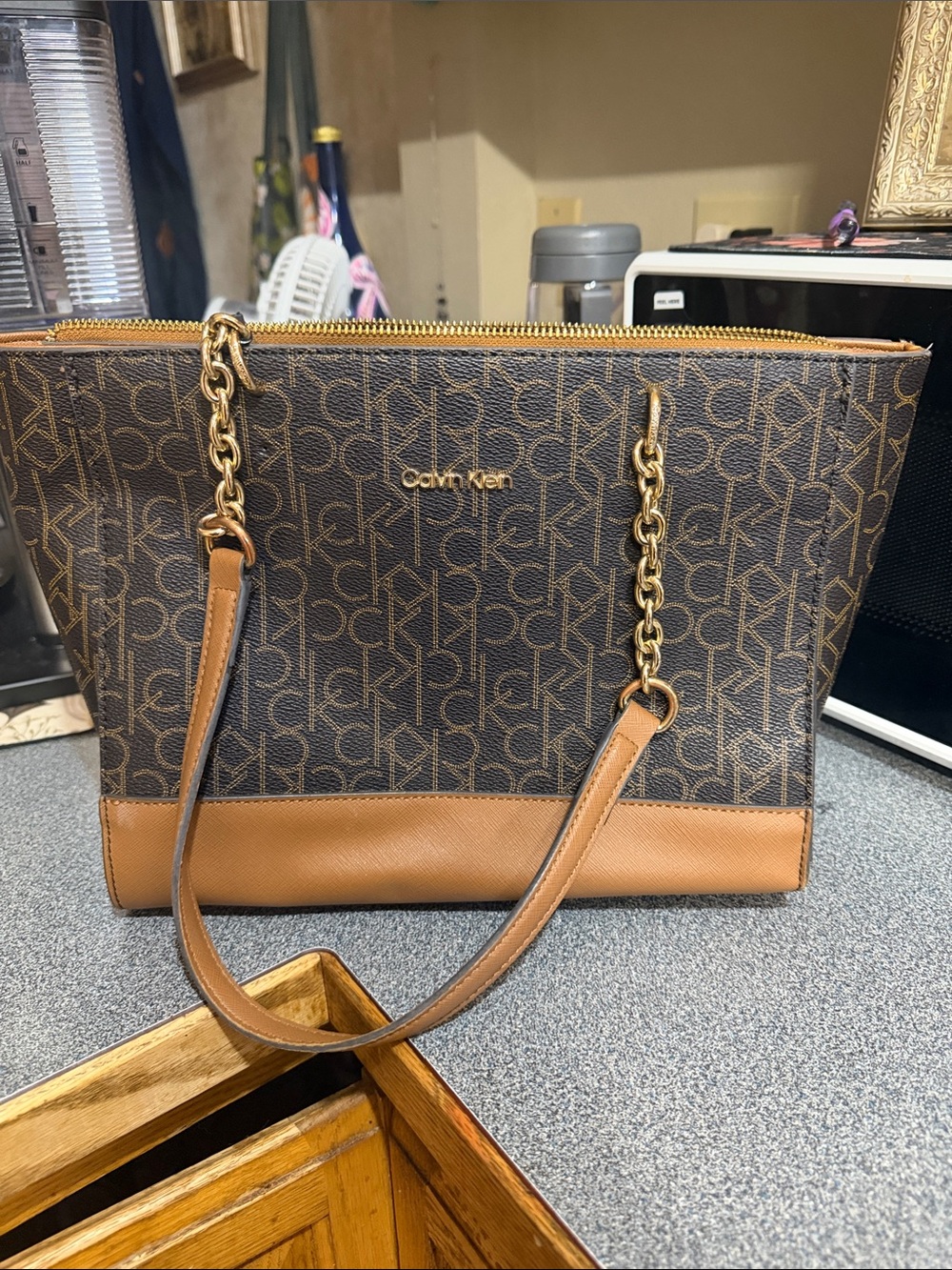 Calvin Klein Brown Monogram Tote with Tan Trim and Gold Chains